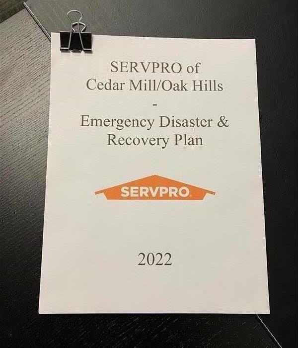 SERVPRO disaster plan packet sitting on a desk